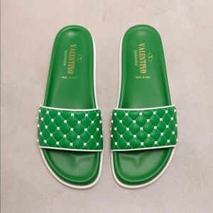 Valentino Free Rockstud Spike Slides Green Leather